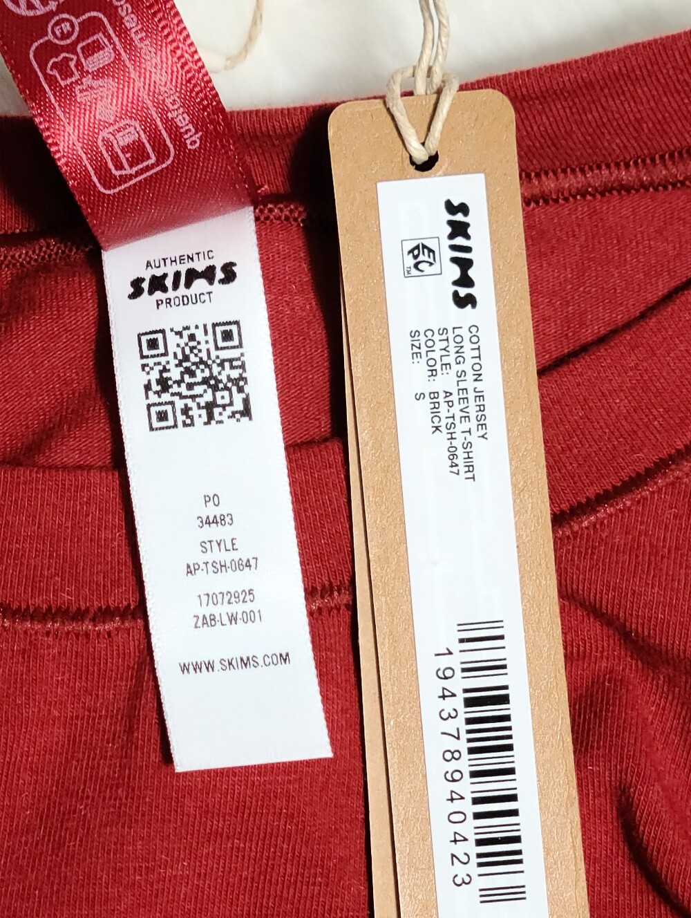 SKIMS Cotton Jersey Long Sleeve T-shirt Red Brick Women Small NEW - Picture 4 of 5